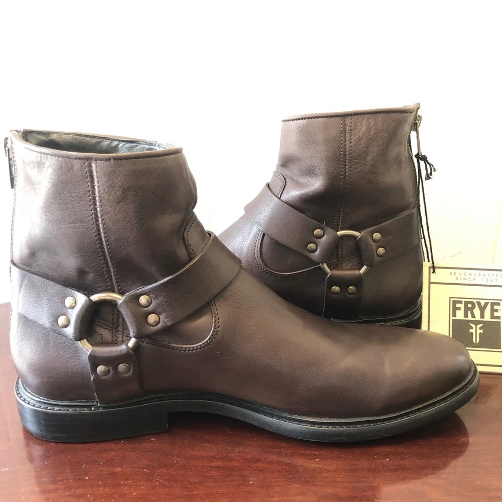 Frye Men Sz 10 Dark Brown Leather Harness Ankle Boots